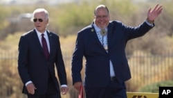 President Joe Biden and Gila River Indian Community Gov. Stephen Roe Lewis are pictured at the Gila Crossing Community School, Oct. 25, 2024, in Laveen, Ariz.