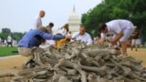 Volunteers select artificial bones to display on the National Mall, Washington, D.C, on June 8, 2013,&nbsp;at the &quot;One Million Bones&quot; installation, which aims to raise awareness of genocide and atrocities. (Jill Craig/VOA)
