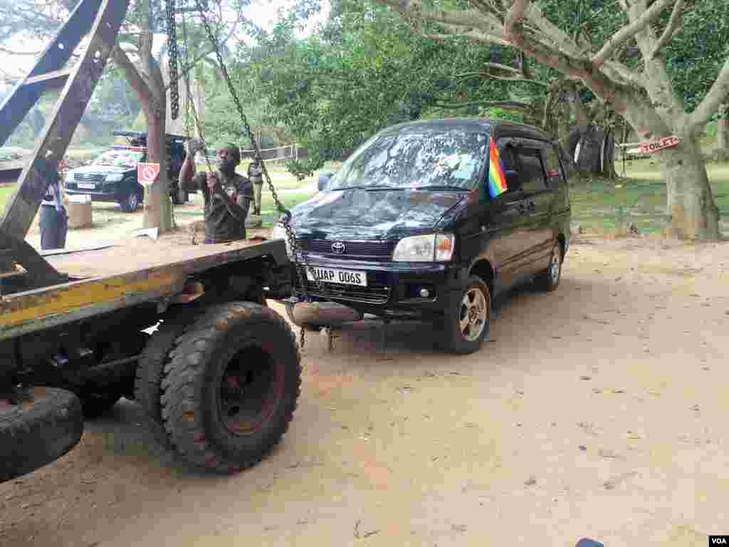 Police towed the car of activist Kasha Jacqueline Nabagesera after she refused to leave the venue. (L. Paulat/VOA)