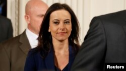 FILE - U.S. Deputy National Security Advisor for Strategy Dina Powell arrives to attend a joint news conference with Germany's Chancellor Angela Merkel and U.S. President Donald Trump in the East Room of the White House in Washington, March 17, 2017. 