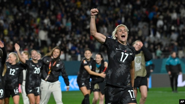 New Zealand's Hannah Wilkinson celebrates at the end of the Women's World Cup soccer match between New Zealand and Norway in Auckland, New Zealand, Thursday, July 20, 2023. New Zealand won the match 1-0. (AP Photo/Andrew Cornaga)