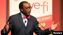 FILE — African Development Bank President Akinwumi Adesina addresses the first Women Entrepreneurs Finance Initiative West Africa Regional summit at the Sofitel Abidjan Hotel Ivoire in Abidjan, Ivory Coast, April 17, 2019.