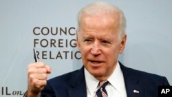 Former Vice President Joe Biden speaks about U.S. relations with the Kremlin at the Council on Foreign Relations, Jan. 23, 2018, in Washington.