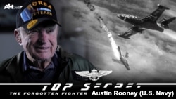 资料图片：展现退役海军上校罗伊斯·威廉姆斯在朝鲜战争期间单机击落数架米格战机壮举的视频招贴画。(2018年12月1日)