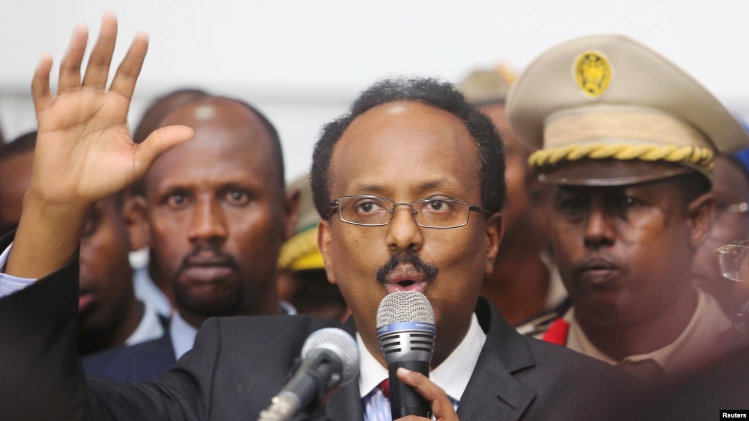 FILE - Somalia's newly-elected President Mohamed Abdullahi Farmajo addresses lawmakers after winning the vote at the airport in Somalia's capital Mogadishu, February 8, 2017.