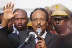 FILE - Somalia's newly-elected President Mohamed Abdullahi Farmajo addresses lawmakers after winning the vote at the airport in Somalia's capital Mogadishu, Feb. 8, 2017.