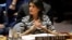 United States Ambassador to the United Nations Nikki Haley attends a meeting of the Security Council on the threats posed by international terrorism at U.N. headquarters, Feb. 7, 2017. Haley suggested Sunday if President Donald Trump needs to carry out more military strikes on Syria, he will.