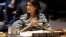 United States Ambassador to the United Nations Nikki Haley attends a meeting of the Security Council at U.N. headquarters, Feb. 7, 2017. On Sunday, Haley said that she has no trouble calling Russia out and that President Donald Trump has not disagreed with her holding Moscow "accountable."