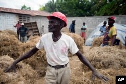 Clerme Elmacide stands amid bales of vetiver roots at a plant in Les Cayes, Haiti.