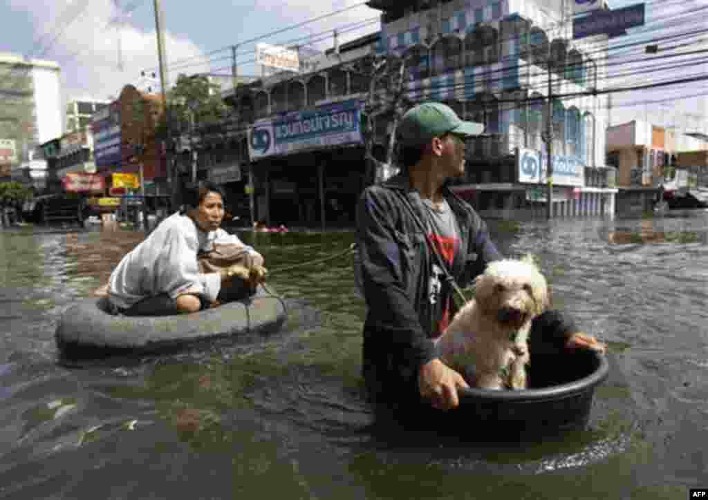 A Thai resident uses a makeshift float to keep his dog dry as he pulls a woman along flooded streets in Rangsit district at the outskirts of Bangkok, Thailand on Friday Oct. 21, 2011. Thailand's Prime Minister Yingluck Shinawatra urged Bangkok's residents