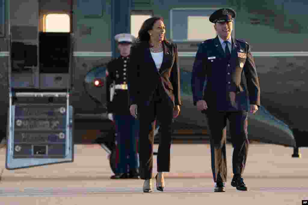 Vice President Kamala Harris walks toward Air Force 2 at Joint Base Andrews in Maryland, June 25, 2021.