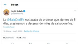 El presidente de El Salvador, Nayib Bukele, dijo en su cuenta de Twitter que la decisión de la Sala de la Constitucional es una orden para "asesinar" a miles de salvadoreños.