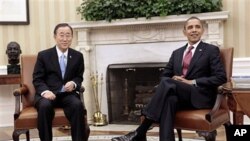 President Barack Obama (r) and U.N. Secretary-General Ban Ki-moon meeting at the White House, February 28, 2011