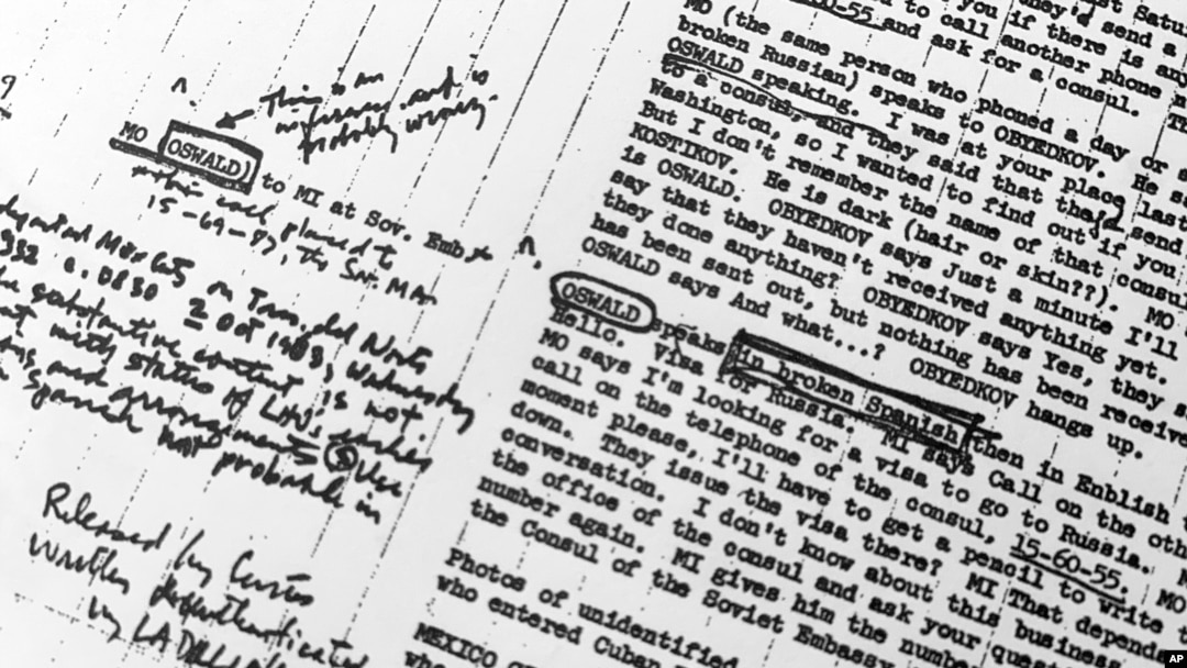 FILE - Pictured is part of a Feb. 3, 1968, CIA file, "Mexico City Chronology," about Lee Harvey Oswald's time in Mexico and contact with the Soviet embassy in Mexico City, that was released Dec. 15, 2021, and part of the probe into President John F. Kennedy's assassination.