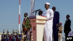 Chadian President Mahamat Idriss Deby (C) delivers his remarks at a ceremony marking the end of France's presence in Chad and the Sahel at the Adji Kossei Air Base in N'Djamena on Jan. 31, 2025. 