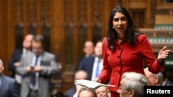 Former British Home Secretary Suella Braverman delivers a statement at the House of Commons in London, Dec. 6, 2023.