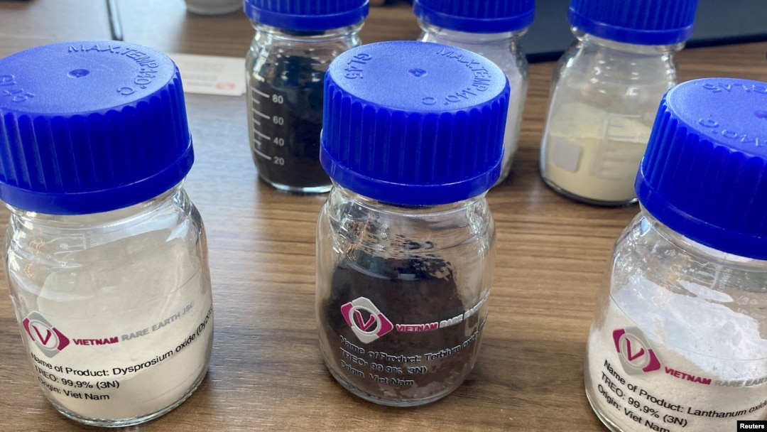 FILE - Rare earth oxide samples are seen at a mining company in Hanoi, Vietnam, Sept. 7, 2023.