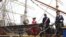 A special barrel of Hennessy, which made the trip from France with the Hermione, is seen hanging aboard the Hermione at the "Hennessy 250 Celebrates the Hermione's arrival in New York Harbor" at Pier 15 in New York, July 1, 2015.