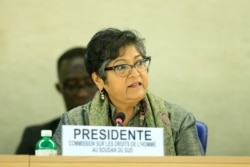 FILE - Yasmin Sooka, chairwoman of the U.N. Commission on Human Rights in South Sudan, addresses the U.N. Human Rights Council in Geneva, Dec. 14, 2016.