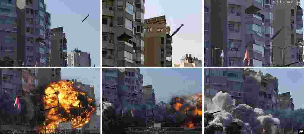 This combination of photographs shows a bomb dropped from an Israeli jet as it hits a building in Tayouneh, Beirut, Lebanon.