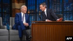 FILE — U.S. President Joe Biden speaks with host Seth Meyers during a taping of "Late Night with Seth Meyers" in New York City on February 26, 2024.