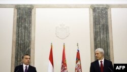 Predsednik Srbije Boris Tadic i premijer Madjarske Viktor Orban daju izjave novinarima nakon sastanka u Predsedništvu Srbije, 26. novembar 2010.
