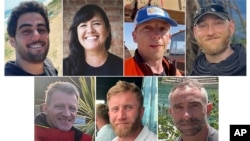 This combination of photos provided by World Central Kitchen/WCK.org, shows seven aid workers who were killed in Gaza Monday, April 1, 2024. 