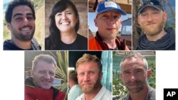 美国慈善机构“世界中央厨房”提供的照片组合显示2024年4月1日在加沙遇害的七名援助人员：(上)从左：巴勒斯坦人赛义夫丁·伊萨姆·阿亚德·阿布塔哈，澳大利亚人拉尔扎米·佐米·弗兰克科姆，波兰人达米安·索博尔，美国和加拿大人雅各布·弗利金格；(下)从左: 英国的约翰·查普曼、英国的詹姆斯·亨德森和英国的詹姆斯·柯比