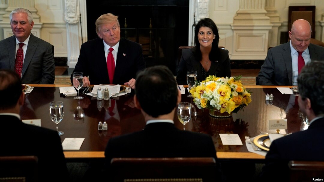 U.S. President Donald Trump, seated with Secretary of State Rex Tillerson, U.S. Ambassador to the United Nations Nikki Haley and U.S. National Security Adviser H.R. McMaster, at the White House in Washington, Jan. 29, 2018. 