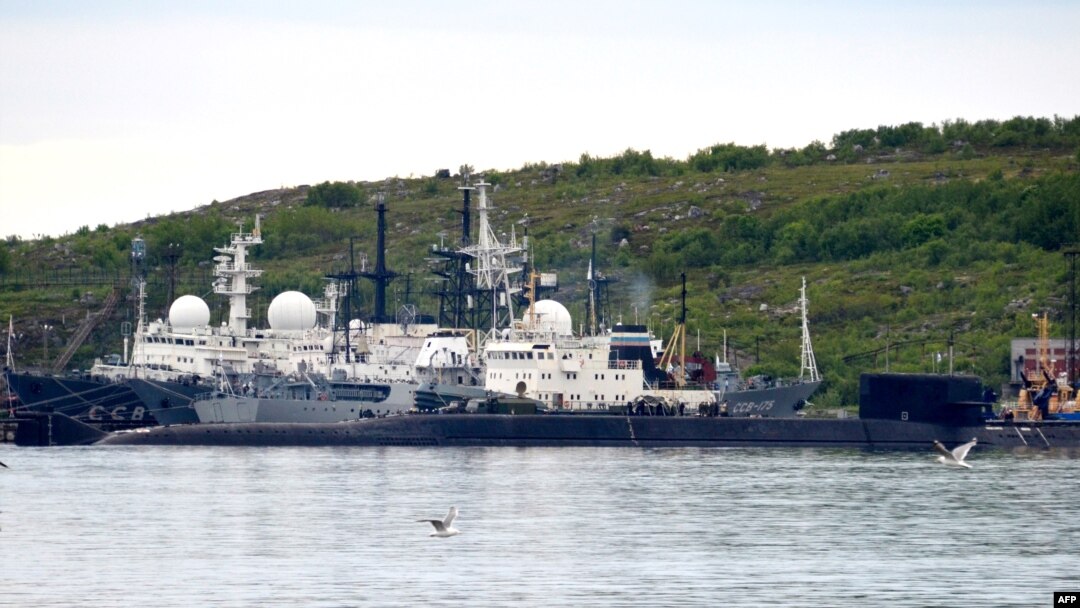 A picture taken July 2, 2019, shows an unidentified submarine in the port of Severomorsk, in Russia.