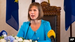 Kersti Kaljulaid addresses to the media after her inauguration in the parliament in Tallinn, Estonia, Monday, Oct. 10, 2016. Kaljulaid is the Baltic country's first female head of state and its fourth president since independence in 1991.