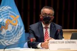 FILE - Tedros Adhanom Ghebreyesus, Director General of the World Health Organization, attends a session on the coronavirus outbreak, in Geneva, Switzerland, Oct. 5, 2020.