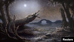 A rendition of Lemmysuchus by Mark Witton is shown in this handout photo taken April 7, 2017. The reconstruction contains details relating to Motörhead, with the pattern on the head having been based on the Snaggletooth logo. 