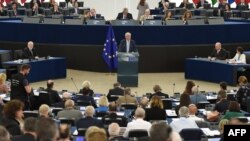 Le président de la Commission européenne, Jean-Claude Juncker, prononce son discours sur l’état de l’Union au Parlement européen à Strasbourg, le 12 septembre 2018.