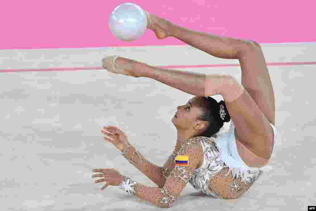 Colombian Oriana Vinas performs in the Individual Rhythmic Gymnastics Ball Finals competition during the Lima 2019 Pan-American Games at the Villa El Salvador Sport Center in Lima, Peru, Aug. 4, 2019.