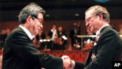 FILE - Japanese Kenzaburo Oe, left, receives the Nobel Prize for Literature from Swedish King Carl XVI Gustaf, right, at the Concert Hall in Stockholm Sweden, Dec. 10, 1994.