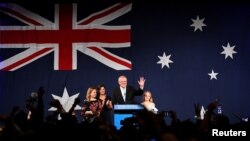 Australia's Prime Minister Scott Morrison with wife Jenny, children Abbey and Lily after winning the 2019 Federal Election, at the Federal Liberal Reception at the Sofitel-Wentworth hotel in Sydney, Australia, May 18, 2019. 