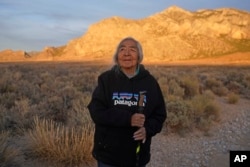 FILE - Delaine Spilsbury, an Ely Shoshone elder, poses for a photo on Nov. 11, 2023, in Bahsahwahbee, a site in eastern Nevada that is sacred to members of the Ely Shoshone, Duckwater Shoshone and the Confederated Tribes of the Goshute Reservation.