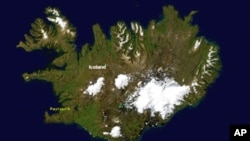 Iceland as seen from space, with Vatnajökull appearing as a white area to the lower right