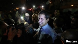 Venezuelan opposition leader Juan Guaido, who many nations have recognized as the country's rightful interim ruler, talks to the media at a news conference in Caracas, Venezuela, April 2, 2019. 