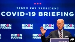 Democratic presidential candidate former Vice President Joe Biden speaks after participating in a coronavirus vaccine briefing with public health experts, in Wilmington, Delaware, Sept. 16, 2020. 