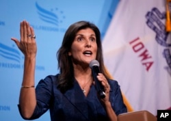 FILE - Republican presidential candidate and former U.N. Ambassador Nikki Haley speaks at the Iowa Faith & Freedom Coalition's fall banquet, September 16, 2023, in Des Moines, Iowa.