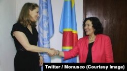 La princesse jordanienne Sarah Zeid, ambassadrice de bonne volonté du Programme alimentaire mondial (PAM), salue la patronne de la Mission des Nations unies en RDC (Monusco), Leila Zerrougui, à Kinshasa, RDC, 12 juin 2018. (Twitter/Monusco)