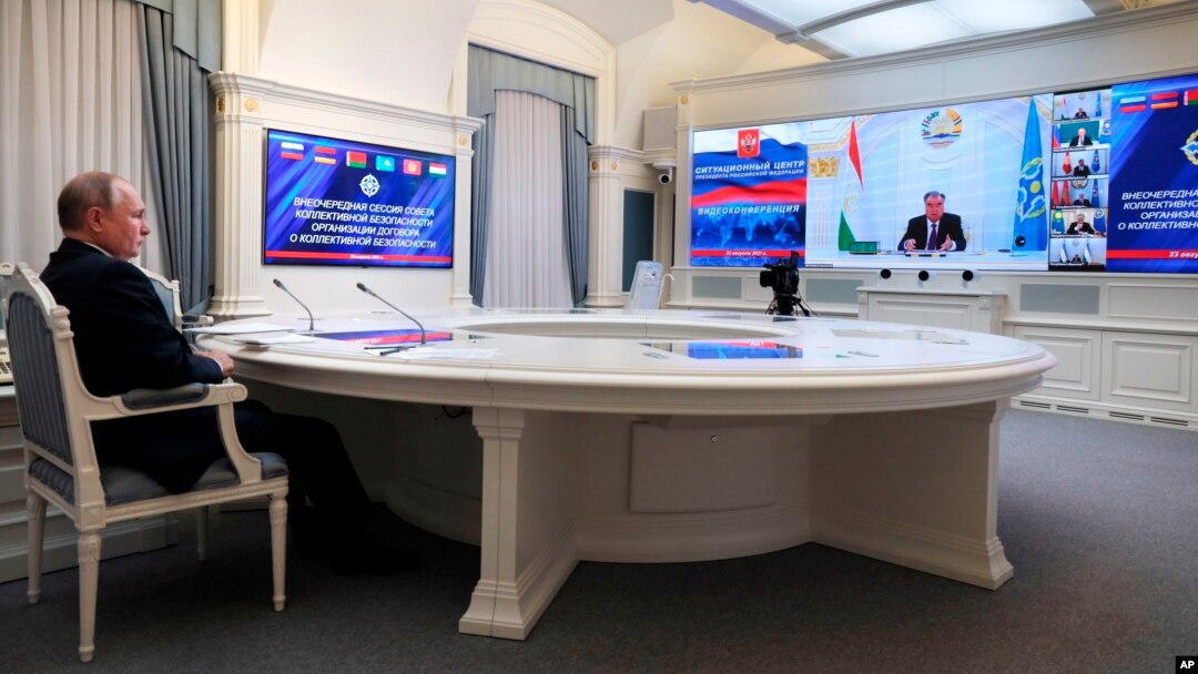 Rossiya rahbari Vladimir Putin Kollektiv xavfsizlik shartnomasi tashkiloti videoanjumanida, Moskva, 23-avgust, 2021