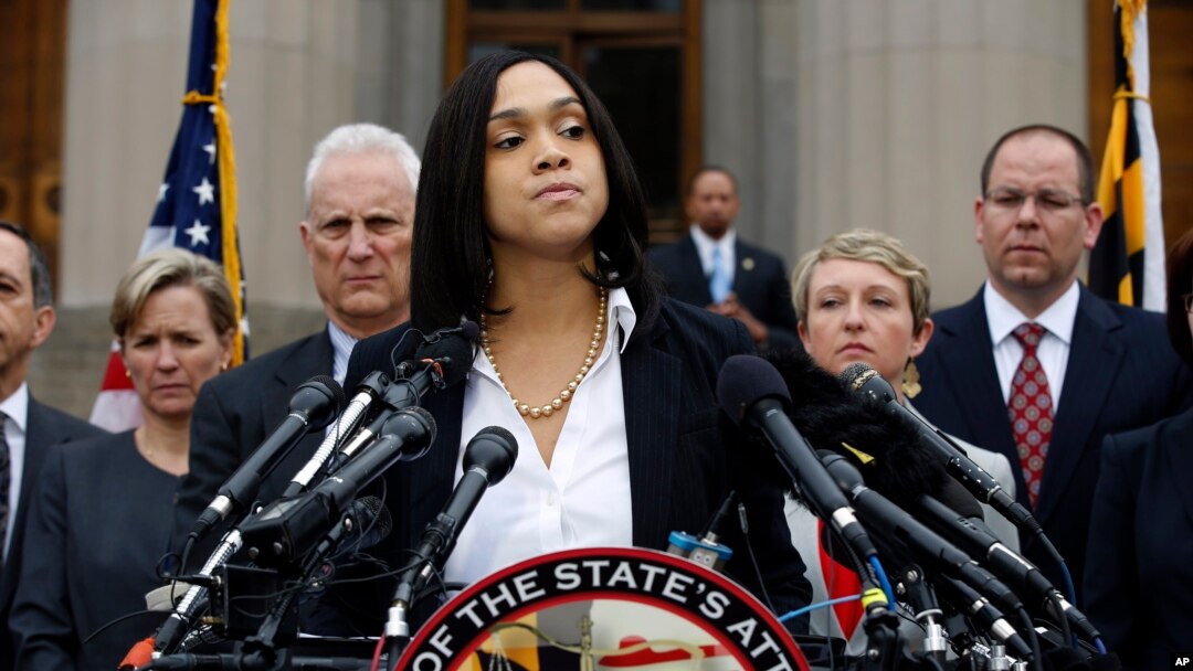 Kepala Jaksa Baltimore, Marilyn Mosby, memberikan keterangan kepada media di Baltimore (1/5).