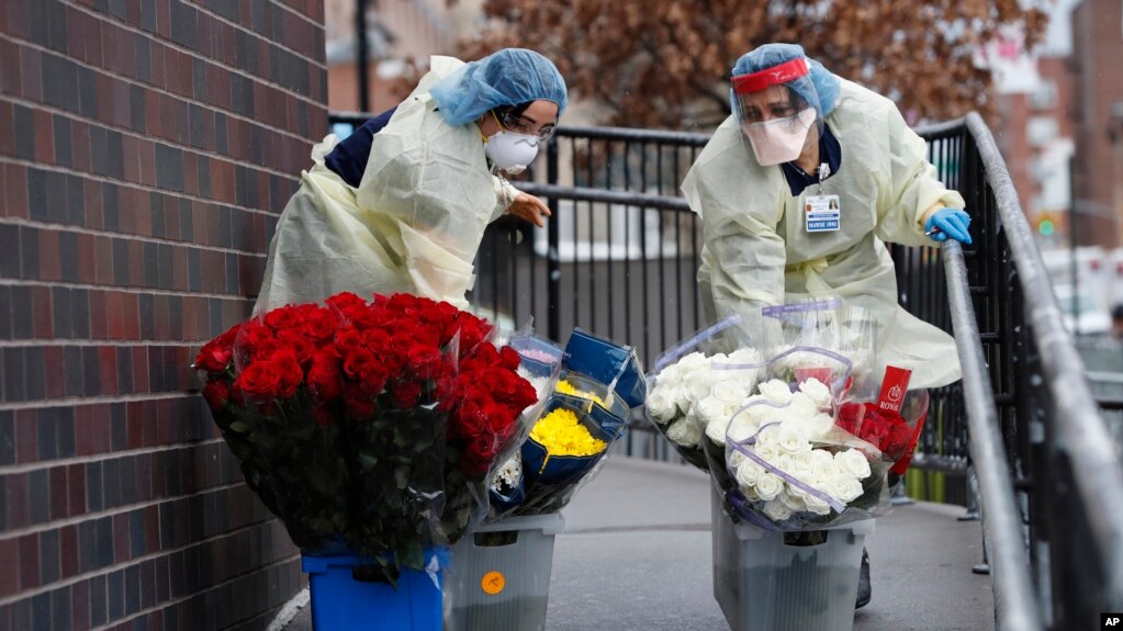 Các y tá phòng cấp cứu của Bệnh viện Elmhurst ở New York chuyển các thùng hoa được gửi tới bệnh viện hôm 28/3. Ông Trump nói đã nhình thấy các "túi đựng tử thi" người chết vì virus corona tại bệnh viện này trong khi CNN nói không thấy bằng chứng về điều này.