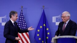 U.S. Secretary of State Antony Blinken is welcomed by European Union foreign policy chief Josep Borrell ahead of meeting in Brussels, Belgium, March 24, 2021.