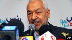 Islamist Ennahda Party leader Rached Ghannouchi addressing media, Tunis, March 26, 2012, file photo.