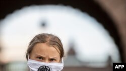 Swedish climate activist Greta Thunberg takes part in a Fridays For Future protest in front of the Swedish Parliament (Riksdagen) in Stockholm.
