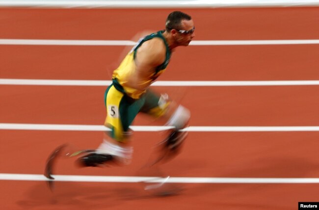 FILE - South Africa's Oscar Pistorius competes in a men's 400-meter semifinal during the London Olympic Games at the Olympic Stadium on Aug. 5, 2012.